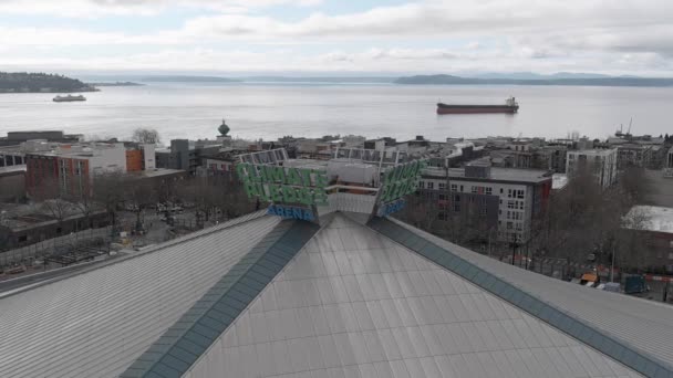 Wide Orbiting Aerial Shot Climate Pledge Arena Sign Puget Sound — Stock video