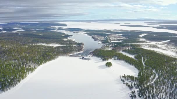 Aerial View Frozen River Evergreen Forests Northern Europe — Video Stock