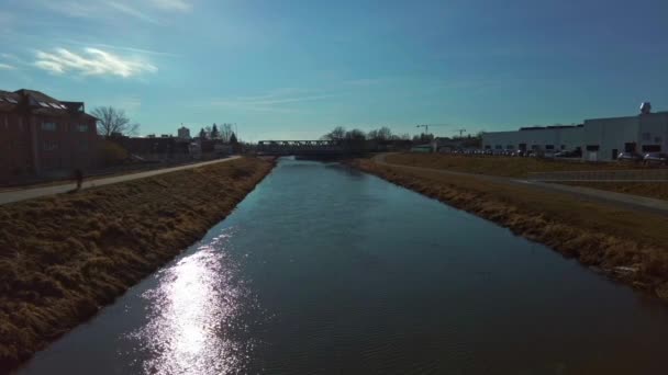 Aerial Drone Blue River Morava Olomouc City Czech Republic Sunny — Vídeo de Stock