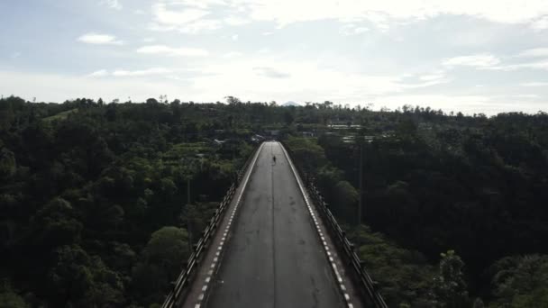 Атлетический Мужчина Идущий Один Подвесному Мосту Через Джунгли Тропических Лесов — стоковое видео