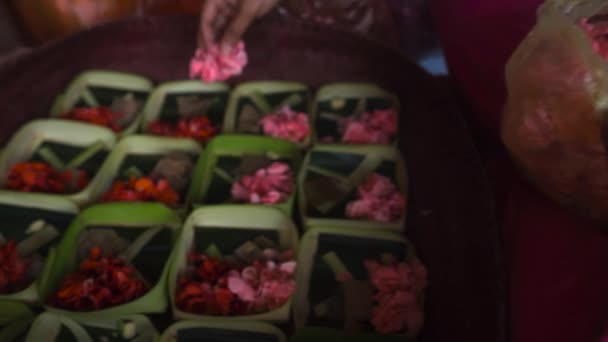 Donna Balinese Indonesiana Che Prepara Fiori Cerimonia Degli Dei Offerta — Video Stock