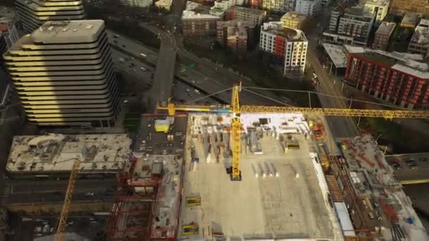 Flygfoto Seattle Convention Center Byggprojekt Med Interstate Bakgrunden — Stockvideo
