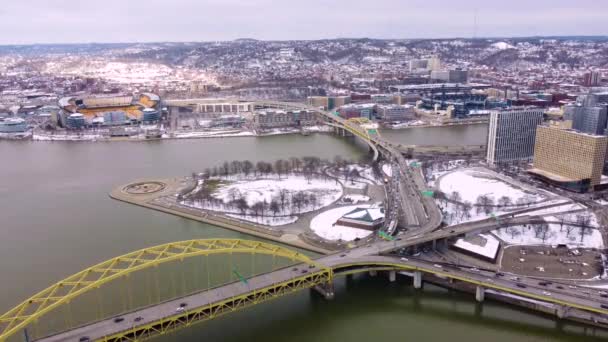 Luftaufnahme Des Pittsburgh Point State Park Drei Flüssen — Stockvideo