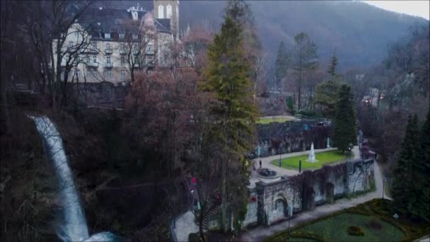 Drone Shot Vertical Direction Upwards Hungarian Castle Waterfall — стоковое видео