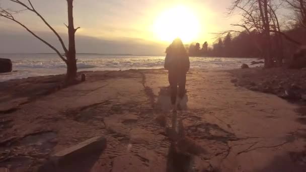 งสาวสวมเส อแจ คเก ความภาคภ ใจบนห นกลางทะเลสาบแช — วีดีโอสต็อก
