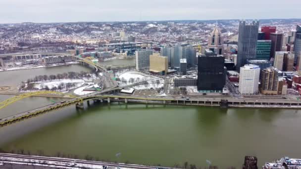 Luftaufnahme Des Monongahela Flusses Mit Der Skyline Von Pittsburgh Hintergrund — Stockvideo