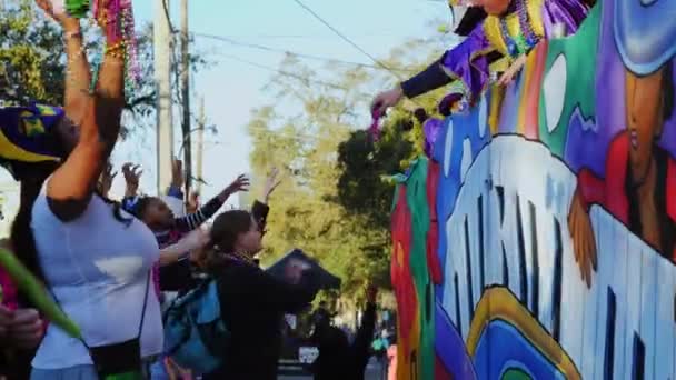 Crowd Cheering Beads Mardi Gras Parade — Stock Video
