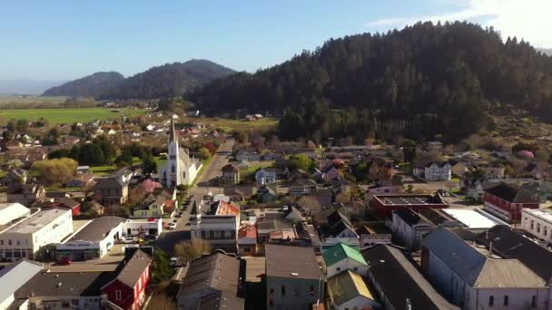 Ferndale California Drone Orbit Victorian Village Assumption Catholic Church — Video Stock