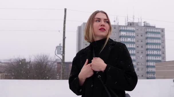 一名金发年轻女子的慢镜头 她很冷 在加拿大的一场暴风雪中试图热身 — 图库视频影像