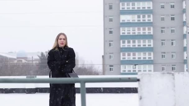 Young Beautiful Women Walking Snowstorm Canada Looks Very Cold Uncomfortable — Vídeos de Stock