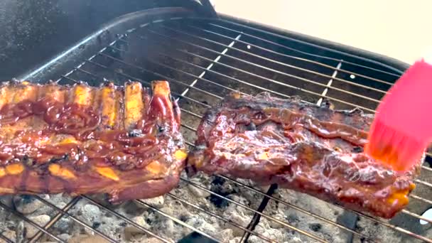 Grilling Basting Bbq Svineribbe Med Børste Hjemmelagd Mat Kull – stockvideo