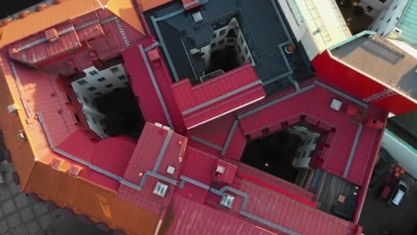 Top Aerial View Colourful Buildings Roofs Colorful Roof Building Drone — ストック動画