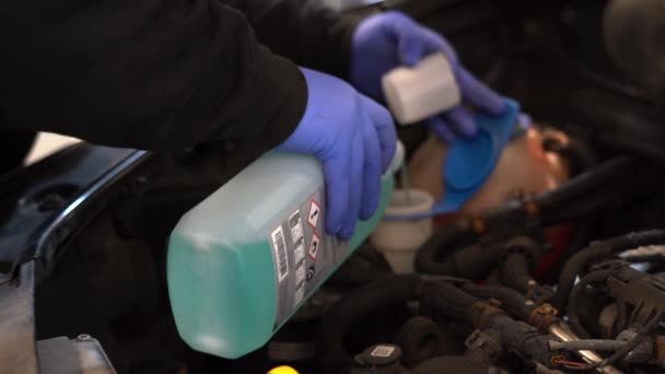 Técnico Llena Una Botella Lavadora Vehículos Hay Logotipos Solo Símbolos — Vídeos de Stock