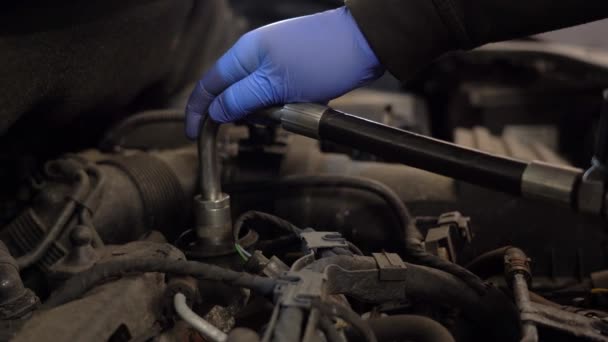 Mecânico Coloca Óleo Motor Veículo Usando Luvas Látex Protetoras — Vídeo de Stock