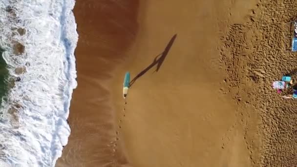 Surfeur Porte Longboard Sur Plage Avec Ombre Jeté Comme Drone — Video