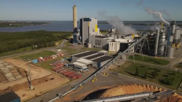 Smoking Chimneys Paper Mill Factory Fray Bentos Uruguay River Aerial — Video