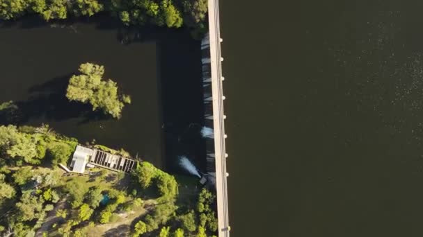 Aerial Top Shot Water River Dam Reflecting Sunlight Surrounded Green — Video Stock