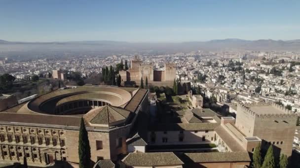 Alhambra Granada Flyover Carlos Palace Alcabaza Směrem Městu Andalusie — Stock video