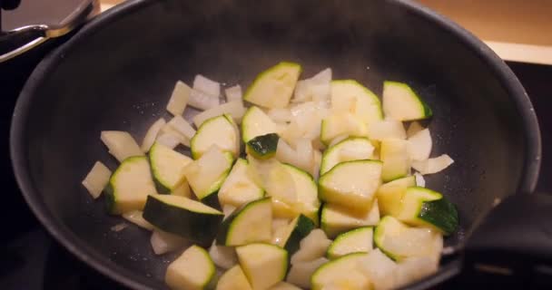 Fresh Summer Squash Onions Cut Pieces Cooking Pan Close — Stockvideo