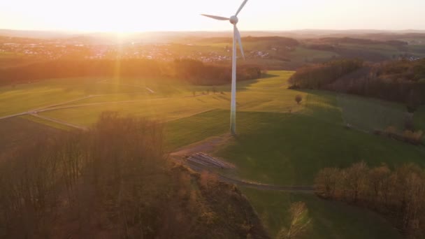 Aerial Footage Large Wind Turbine North Rhine Westphalia Sunset Cinematic — стоковое видео