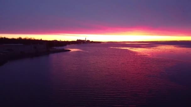 Aerial Red Sky Morning Looking Waterfront View — Wideo stockowe