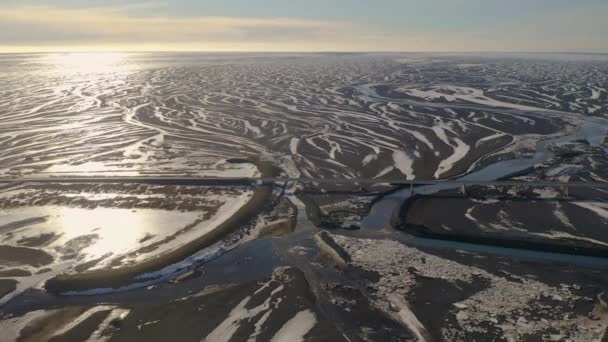 Aerial Approaching Shot Bridge Large River Braids River Delta Sunset — Video