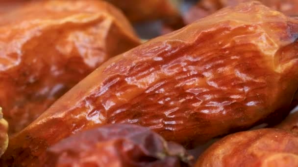 Macro Shot Dried Cayenne Peppers Rotating White Surface Close View — Vídeo de Stock