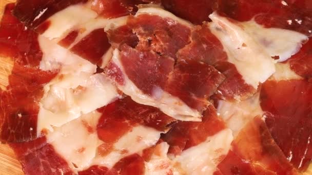 Fatty Slices Serrano Ham Wooden Board Close View Macro Shot — Stock video
