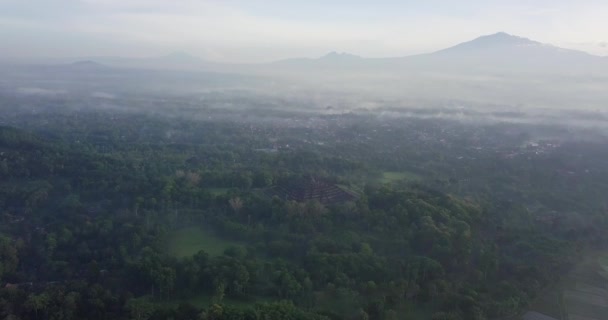 Cinematic Aerial Flyover Borobudur Temple Forest Woodland Mountains Cloudy Misty — Vídeo de stock