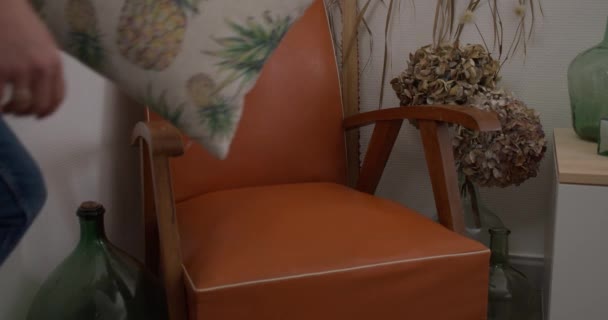 Hands Placing Patterned Cushion Armchair Housekeep Static Close — Stock video