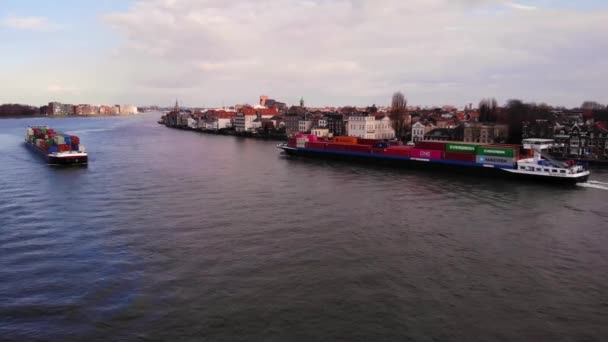 Aerial Oude Maas View Salute Cargo Ship Going Another Cargo — стокове відео