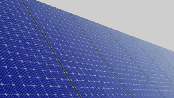 太阳能电池板和太阳 照相机在太阳能电池板上升起 露出明亮的阳光 3D渲染绿色能源概念动画 — 图库视频影像