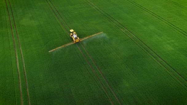 Flygfoto Gul Traktor Som Arbetar Gröna Fält Traktorn Sprutar Vatten — Stockvideo