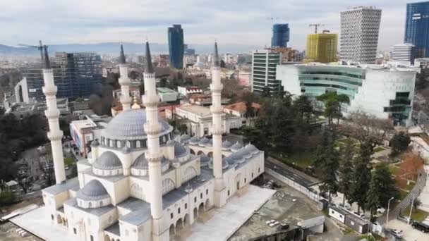 Drone Flies Unfinished Namazgjah Mosque Tirana Albania Cloudy Afternoon — Video