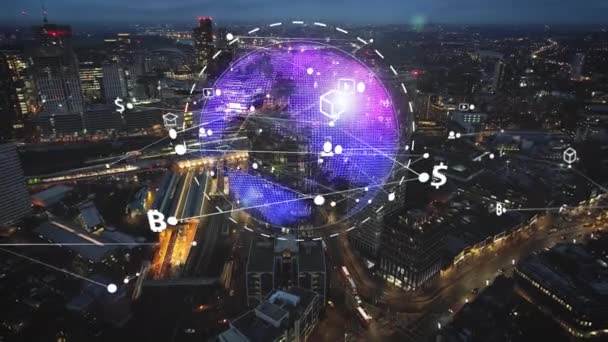 Modern Wold Map Network Sphere Illuminated City Skyline Vfx Animation — Wideo stockowe