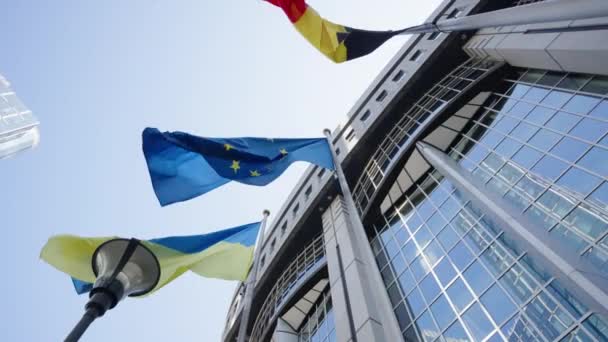 Ucrania Europa Bélgica Saludan Frente Parlamento Europeo Bruselas Bélgica — Vídeo de stock