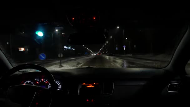 Passing Traffic Light While Driving Kaunas Street Night Time Pov — Wideo stockowe