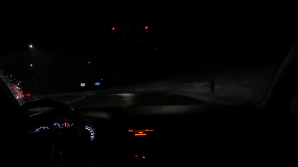 Driving Stopping Traffic Light Night Time Pov View — Wideo stockowe