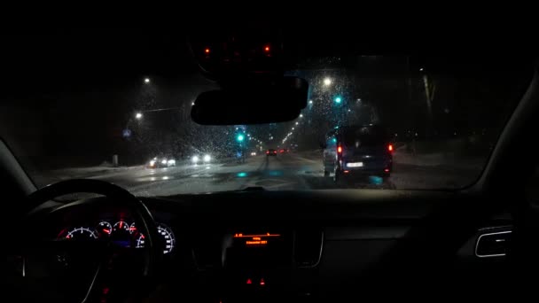 Fast Night Driving Kaunas Streets Covered Snow Dashboard Pov View — Wideo stockowe