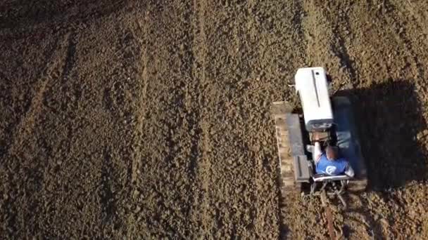 Aerial Shot Sowing Field White Crawler Tractor Green Seeder Bird — стоковое видео