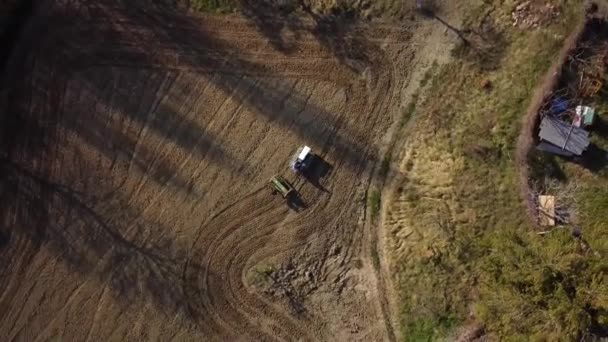 Crawler Tractor Seeder Working Ground Field Rotating Bird View Shot — Stockvideo