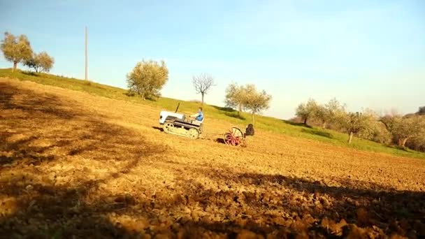 Personnes Semant Terre Avec Tracteur Semoir Traditionnel Coucher Soleil Long — Video