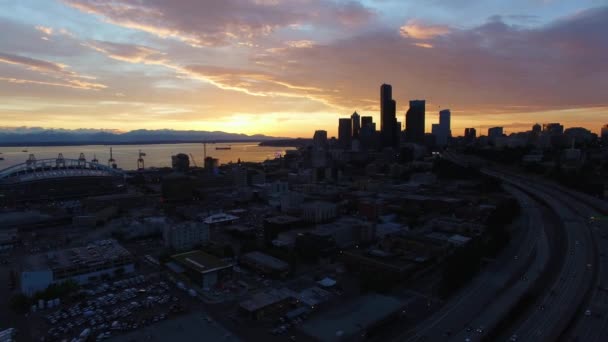 Letecká Průmyslová Čtvrť Seattlu Při Západu Slunce Kolem Roku 2016 — Stock video