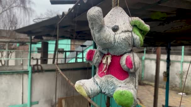 Child Stuffed Animal Toy Hung Wires Town Ukraine Abandoned Because — Stock Video