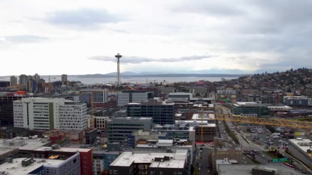 Wide Aerial Shot Revealing Seattle Growing South Lake Union Neighborhood — стоковое видео