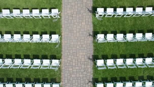 Drone Aerial Wedding Ceremony Setup Chairs Garden — Stock videók