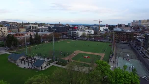 Aerial shot flying overhead Cal Andersons recreational sports fields, circa 2015.