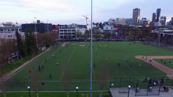 Wide aerial shot showing the sports fields of Cal Anderson Park in Capitol Hill, circa 2015.