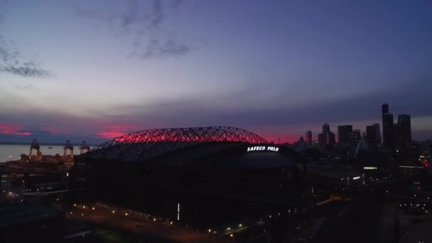 Aerial Shot Starting Wide Zooming Safeco Field Sunset — Vídeo de Stock