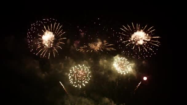 불꽃놀이와 전날의 행사가 밤하늘에 라이트가 황금빛의 추상적 — 비디오